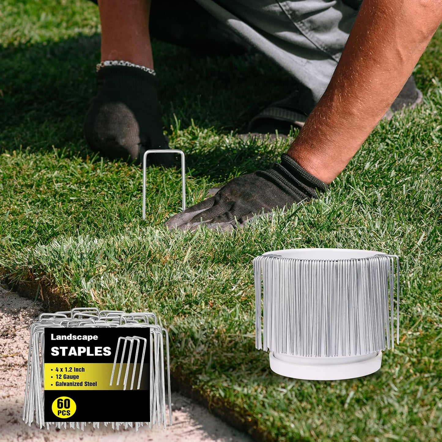 HongWay 60 Pack 4 Inch Landscape Staples, Garden Staples 12 Gauge Galvanized Ground Stakes Lawn Yard Staples SOD U-Shaped Pins for Gardening Irrigation Tubing Landscaping Fabric