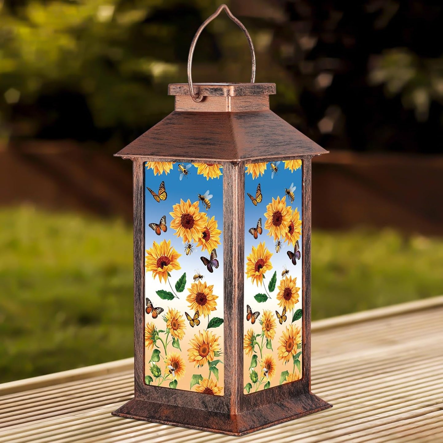Solar Lantern Outdoor Waterproof Sunflower Butterfly Garden Decor Birthday Gifts for Women Mom and Grandma Solar LED Plastic Decorative Hanging Light for Yard(Sunflower Butterfly)