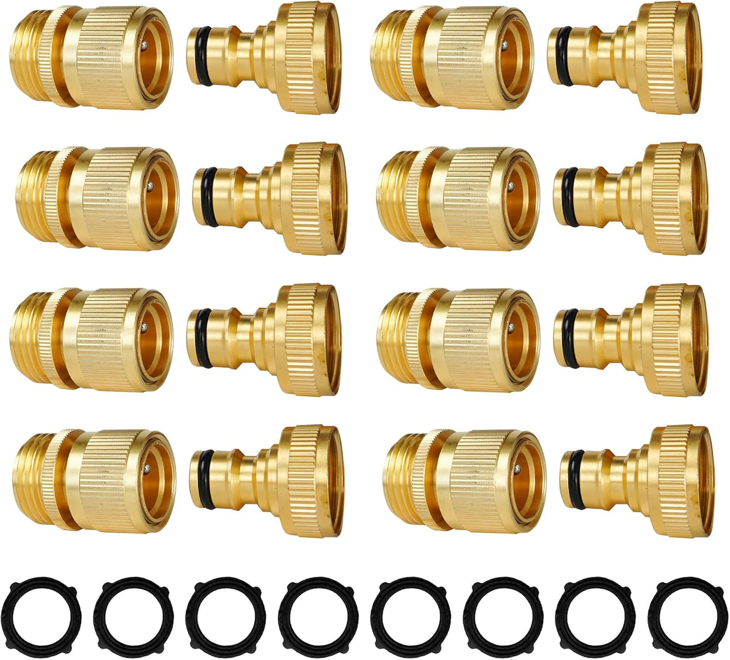 Hourleey Garden Hose Quick Connect, 8 Set Solid Brass 3/4 Inch GHT Thread Garden Hose Quick Connect Fittings, No-Leak Male and Female Water Hose Quick Release Connectors