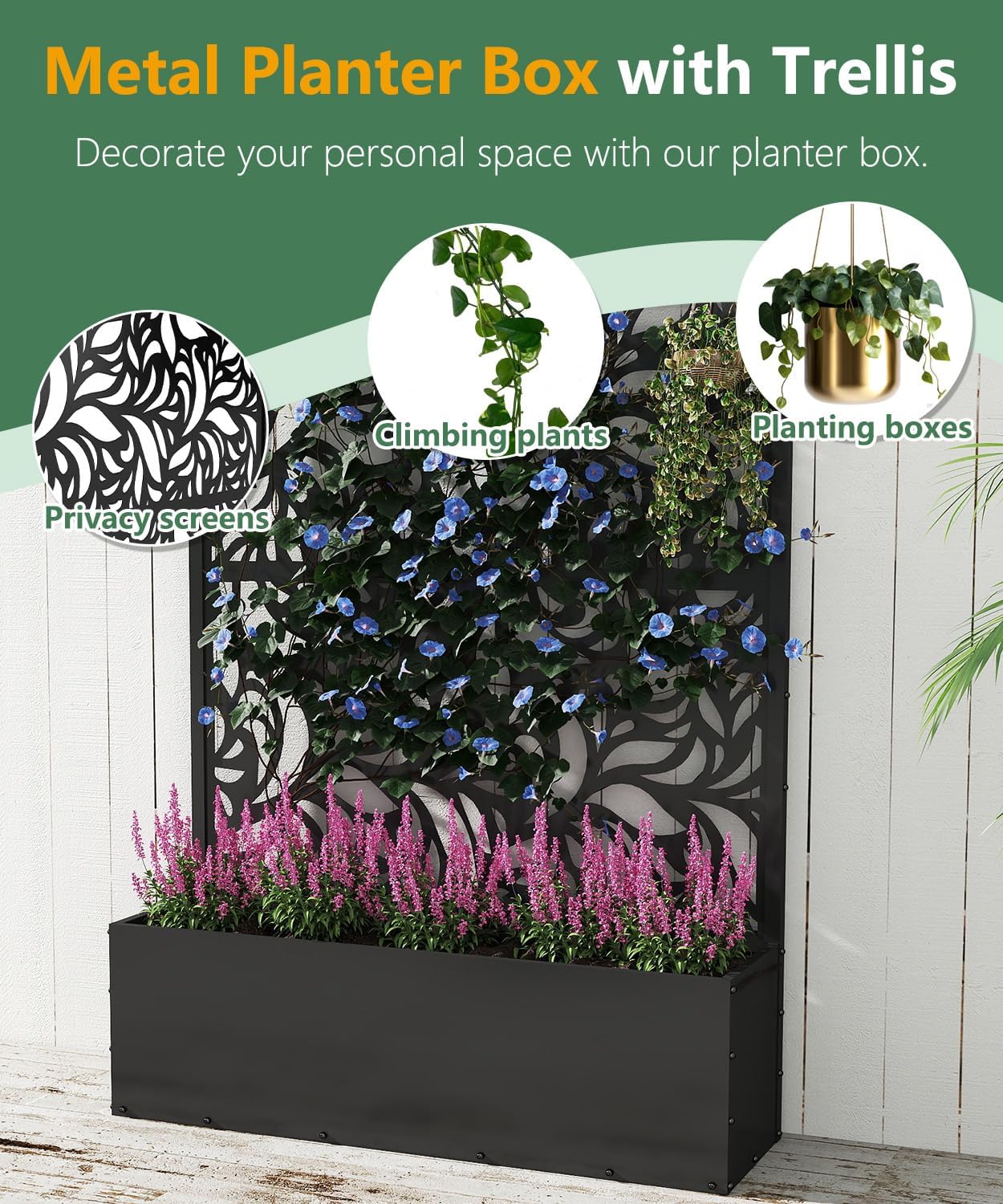 2PCS Metal Planter Box with Trellis,70.9"x47.2"x15.7" Raised Garden Bed with Drainage Holes, Privacy Planters for Outdoor Garden Bed for Climbing Plants,Vegetables,and Vines, Black-Flower