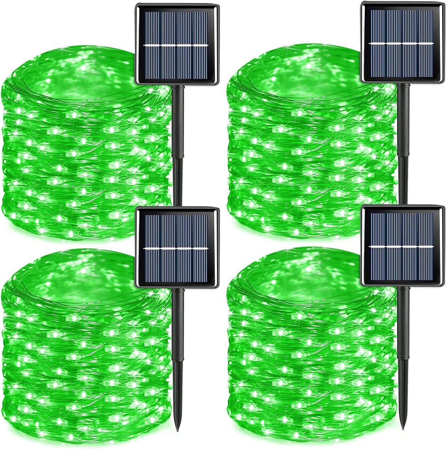 QITONG 4 Pack Green Solar Fairy Lights, Each 33ft 100 LED Halloween Lights Outdoor Waterproof, 8 Modes Silver Wire Christmas String Lights
