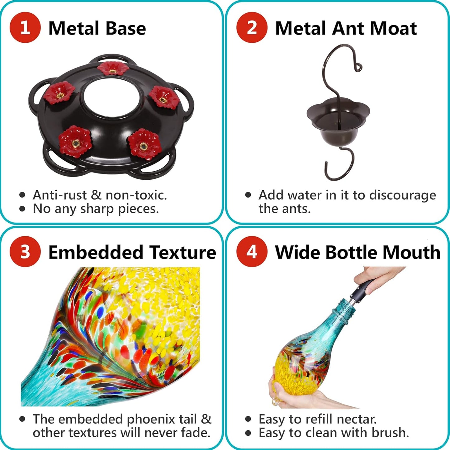 LUJII Hand Blown Glass Hummingbird Feeder for Outdoors with Ant Moat, Leak Proof & Rustproof,36 fl.oz, Metal Base Cover with 5 Feeding Ports & 5 Perches, Glass Art for Garden Decor (Blue Mixed Yellow)