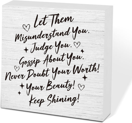Let Them Wooden Sign, Desk Decorations For Women Office, 5x5 Inch Farmhouse Funny Office Decor Wood Box Sign, Desk Shelf Cubicle Accessories, Appreciation Gifts for Coworkers Boss, 10