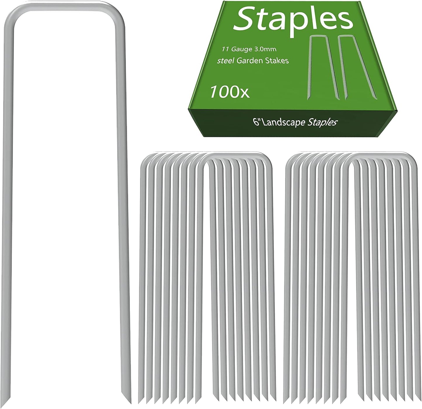 AAGUT 100 Pack 6 Inch Landscape Staples 11 Gauge Garden Staples, Galvanized Heavy Duty U-Shaped Sod Pins,Yard Ground Lawn Fence Stakes for Weed Barrier Fabric Irrigation Tubing