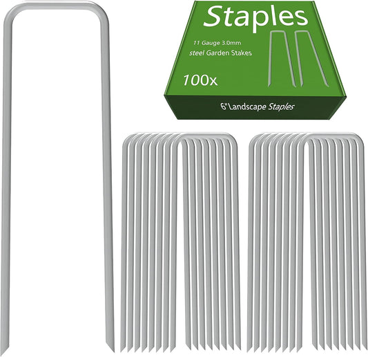 AAGUT 100 Pack 6 Inch Landscape Staples 11 Gauge Garden Staples, Galvanized Heavy Duty U-Shaped Sod Pins,Yard Ground Lawn Fence Stakes for Weed Barrier Fabric Irrigation Tubing