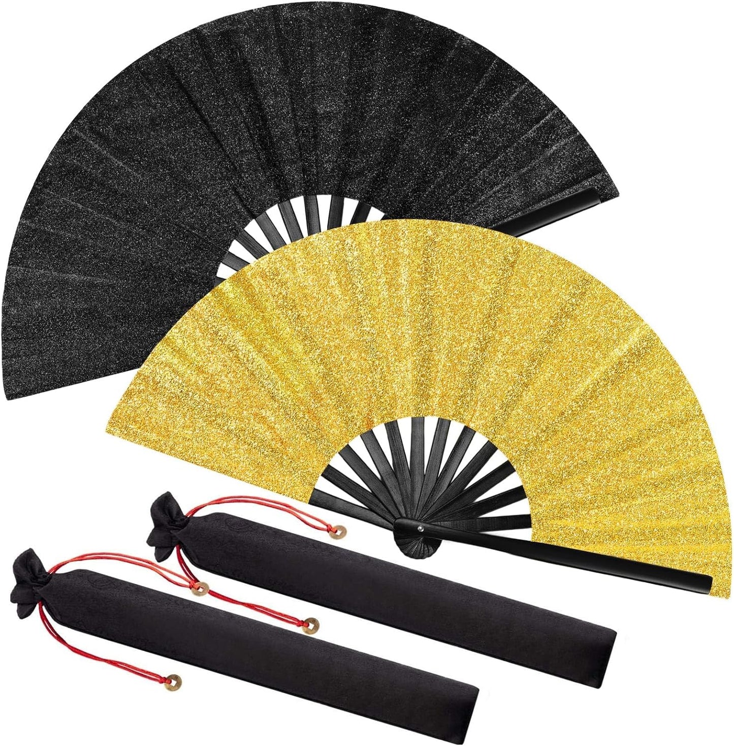 Maitys 2 Packs Large Clap Fans for Line Dancing Large Chinese Folding Hand Fans for Men and Women, Festival, Tai Ji, Kungfu, Martial Art, Gifts (Glitter Black and Gold)
