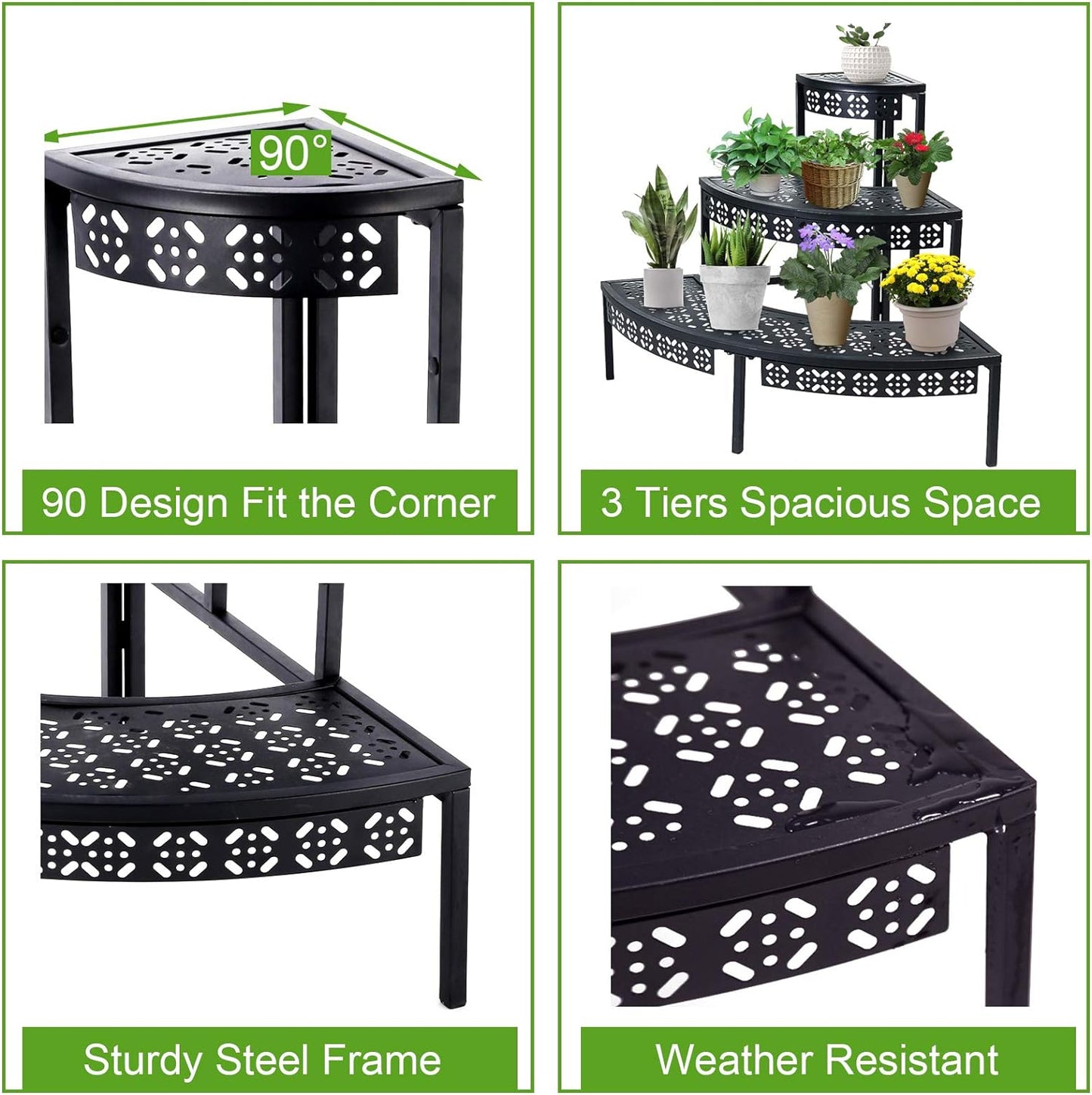 3 Tier Plant Stand Semi-Circular Flower Pot Organizer Rack Quarter Round Plant Display Holder Outdoor Storage Shelves Metal Corner Shelf Planter Shelving Ladder Plant Stand for Indoor Use(Black)