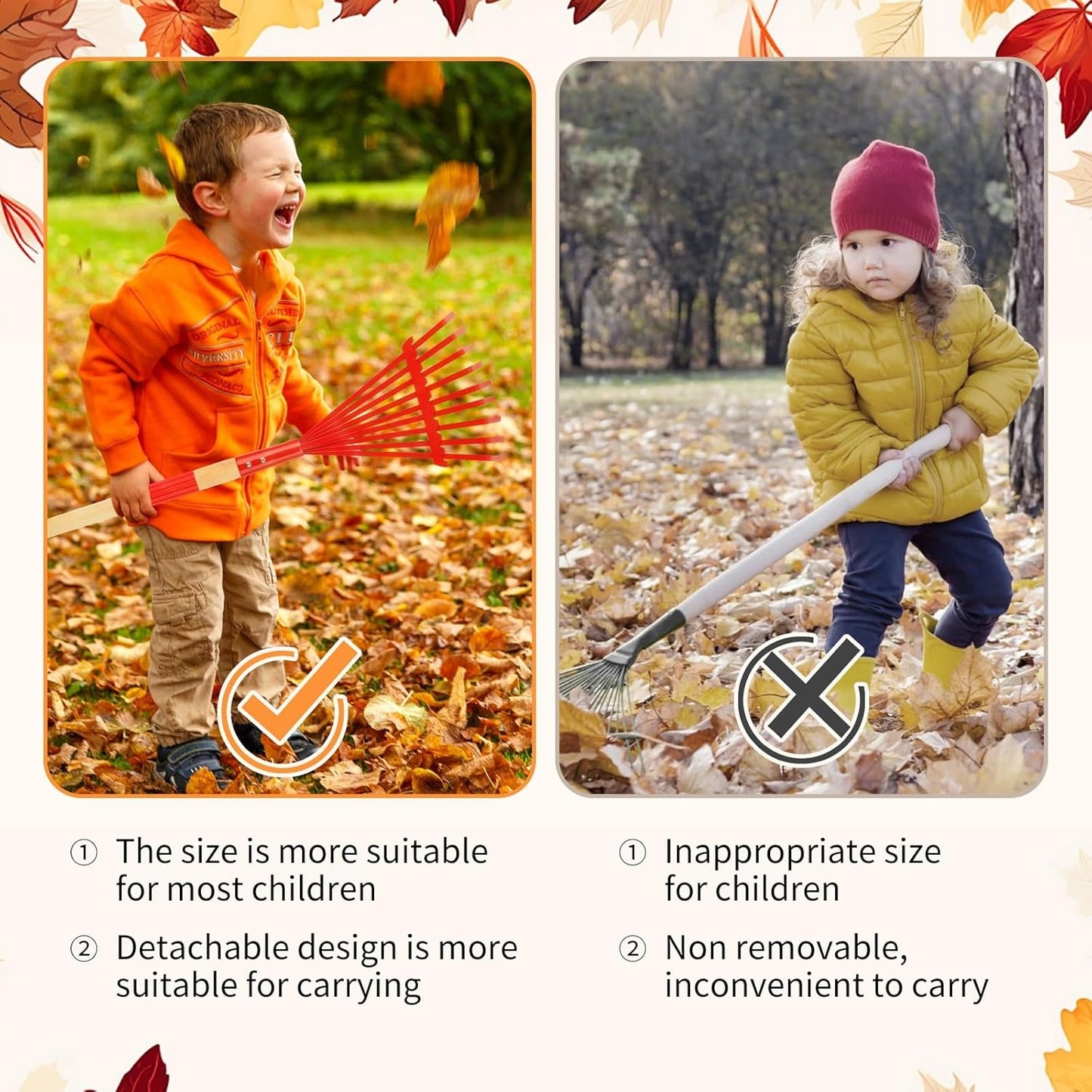 3Pcs Kids Rakes with Hardwood Handle - Metal Kids Leaves Rakes, 28" Child Size Lawn Rakes, Garden Tool Set for Kids Boys and Girls