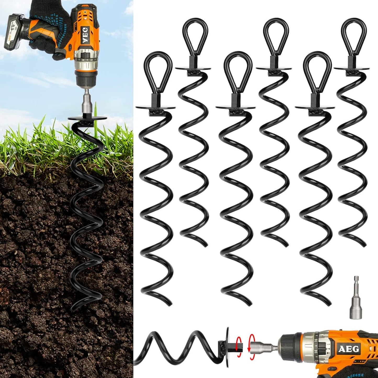 6 PCS 15.3 Inch Ground Anchors Heavy Duty for High Winds Screw in Earth Anchor Swing Set Spiral Auger Stakes Suitable for Tent Trampoline Tree Garden Fence Sheds Swingset, Easy Use with Drill