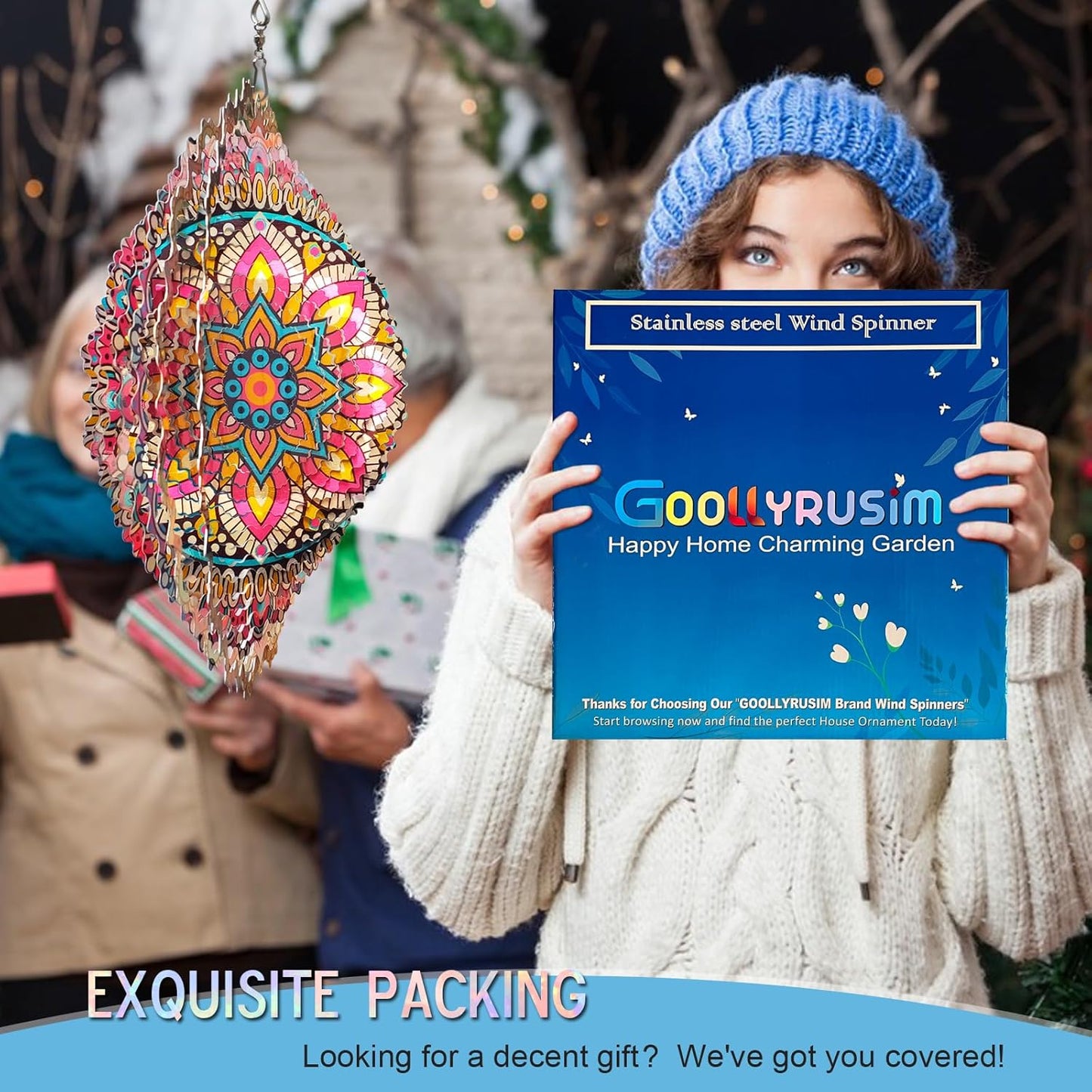 Goolyrusim Wind Spinner Mandala Blossom 3D Kinetic Wind Spinners Outdoor Laser Cut Stainless Steel Metal Art Hanging Wind Sculpture Mandala Garden Decoration Yard Art Decor Ornament Housewarming GIF