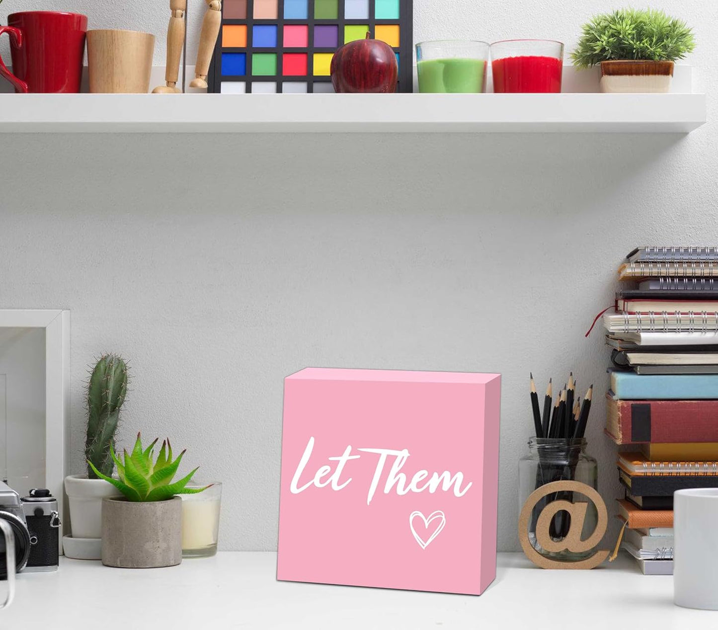Let Them Wooden Box Sign 5 X 5", Farmhouse Desk Sign Boss Lady Office Cubicle Decor, Let Them Desk Accessories for Therapist Office Living Room Bathroom, Inspirational Boss Gifts for Women (Pink)