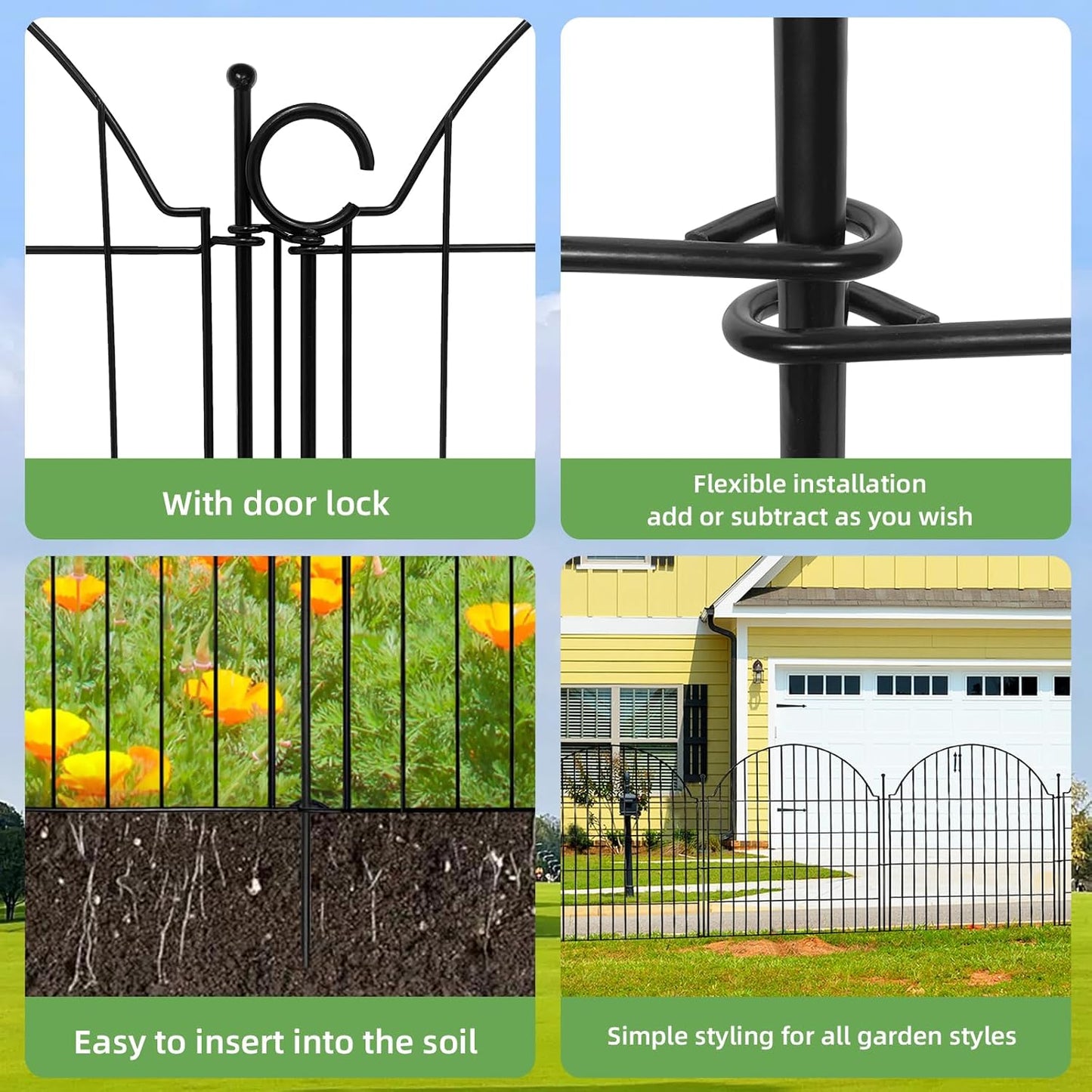 5 Panels Decorative Garden Fencing with Gate for Yard, 40in (H) x 11.8ft (L) No Dig Animal Barrier Fence, Rustproof Metal Wire Outdoor Dog Fences Panel Border with Temporary Ground Stakes