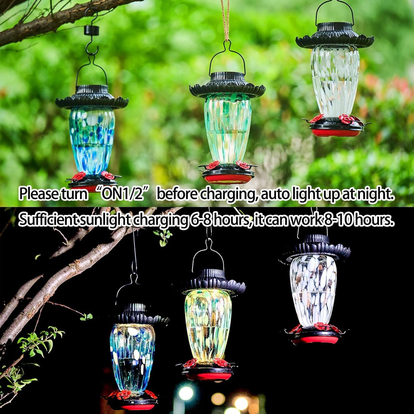 Muse Garden Solar Hummingbird Feeders for Outdoors Hanging, 38oz Hand Blown Glass Humming Bird Feeders for Garden Decor, Moms Birthday Unique, White