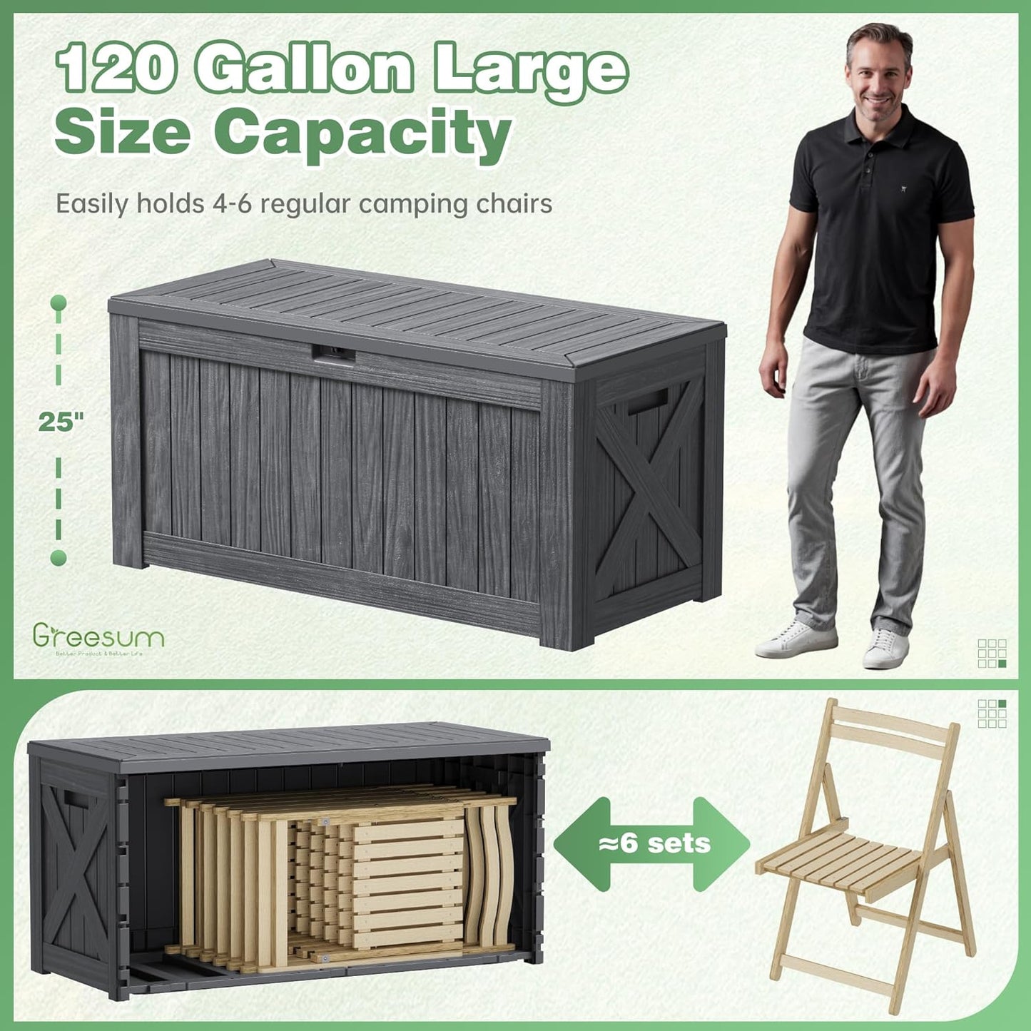 Greesum 120 Gallon Outdoor Storage Box with Lock - Large Resin Deck Box, Reinforced Lid for Garden, Patio, Lawn, Gray