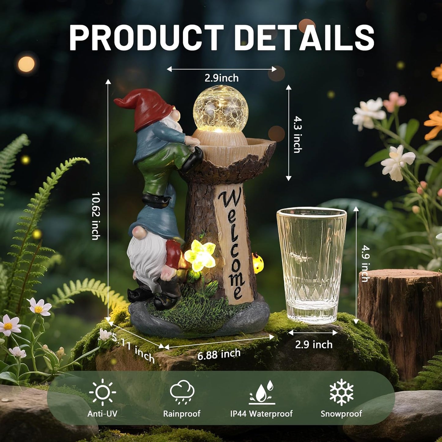 Solar Gnome Statue with Glowing Globe Light,Weatherproof Resin Garden Figurine Decor Auto On/Off - for Patio,Yard & Housewarming Gift (Reminder: IT is NOT A Real Fountain)