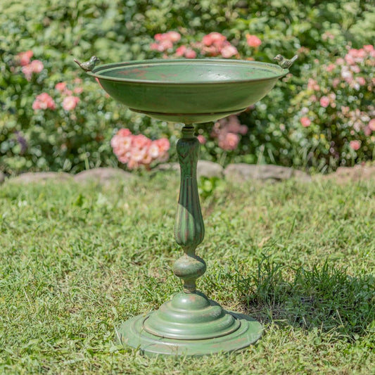 Zaer Ltd. Ornate Metal Pedestal Style Birdbath with Cast Iron Birds on Rim Full Base (Green)