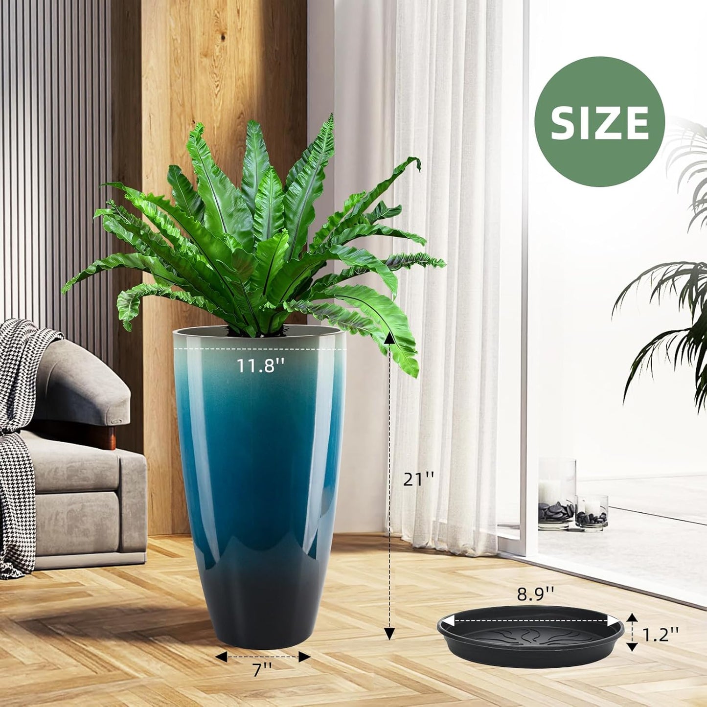 21 inch Tall Planter, Set of 2 Tall Indoor Outdoor Planters for Porch Large Planter Pot with Drainage Hole for Home Garden Front Door (Gradient Blue)