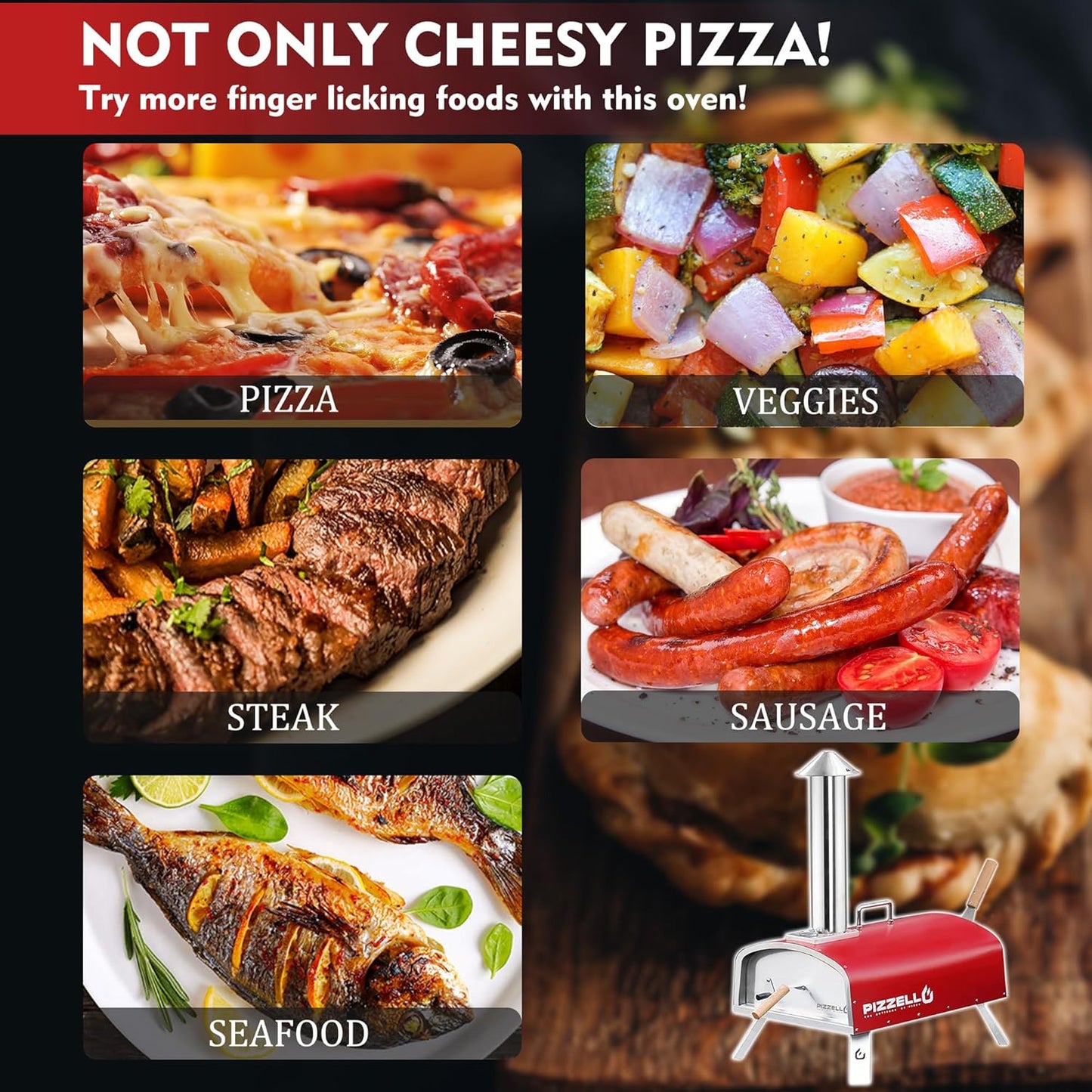 Outdoor Wood Fired Pellet Pizza Oven - 16" Stainless Steel with Carry Bag, Pizza Stone, Cutter, Peel - Red