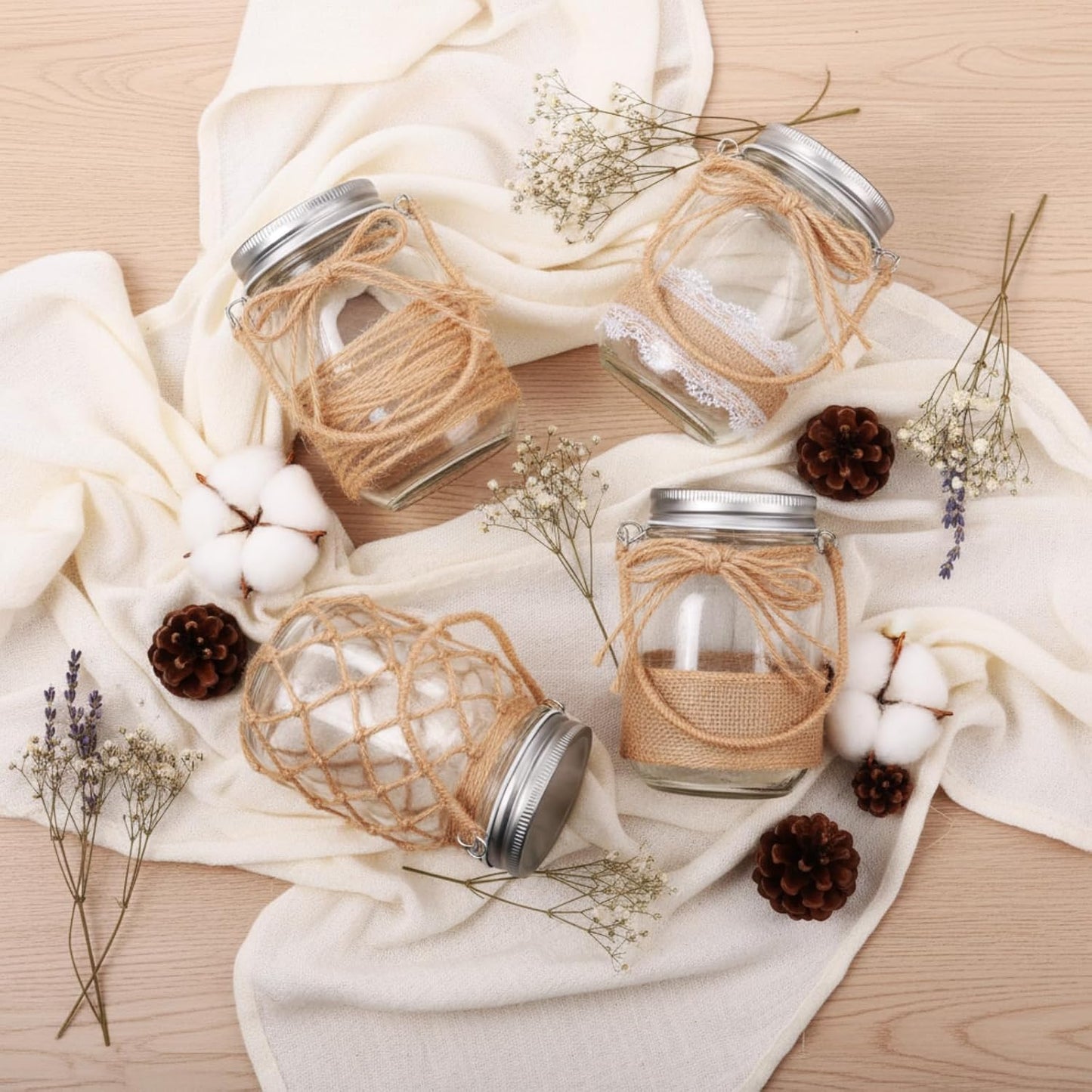 6 Pcs 5 Inch Small Hanging Mason Jars with Handles and Lids Decorative Glass Bottles Rope Net Glass Vase for Home Table Centerpiece Farmhouse Wedding Party decoration