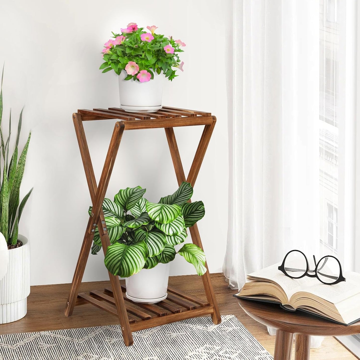 Plant Stand Indoor,Wooden 2 Tier Plant Stands,Corner Square Plant Shelf,Rustic Flower Stand Tall Plant Holder for Living Room Bedroom Balcony Office
