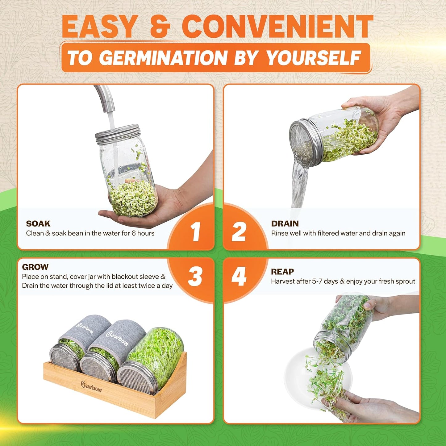 [Upgraded] 3 PCS Seed Sprouting Mason Jar Kit with Bamboo Holder, Drain Tray, Screen Lids, Blackout Sleeves, Good Ventilation & Drainage Capacity, Growing Fresh Organic Mung Beans & Microgreens