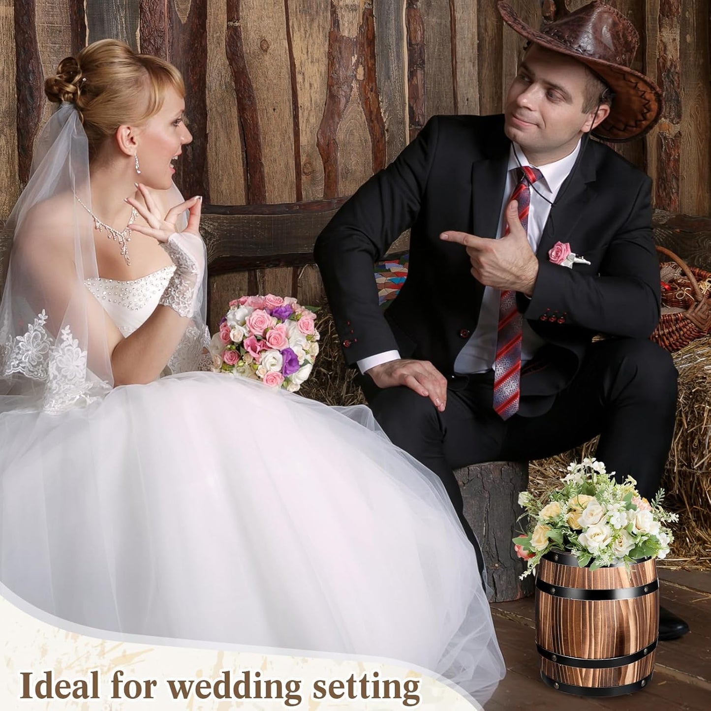 4 Pcs Wood Wine Barrel Vase 8" x 6.5" Vintage Flower Vase Container Rustic Barrel Planter for Wedding Reception Table Decoration Home Indoor Outdoor Garden Kitchen Party