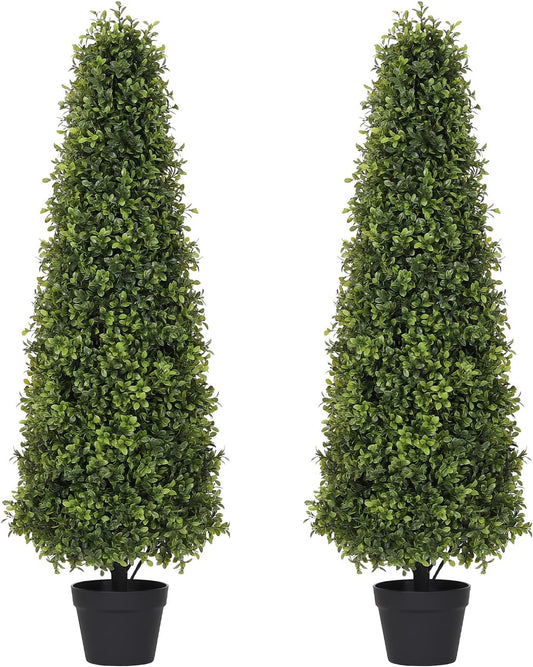 4ft Artificial Boxwood Topiary Trees (Set of 2) - UV Resistant Faux Plants Outdoor, Realistic 48in Fake Potted Bushes and Shrubs for Front Porch, Planter, Patio - Low Maintenance & Evergreen