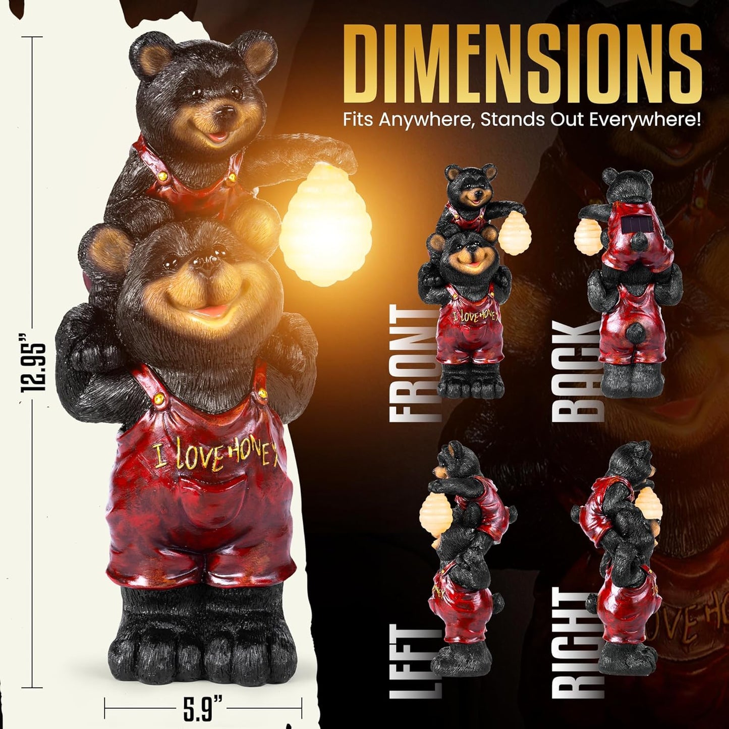 Black Bear Beehive Solar Light Figurine - Outdoor Waterproof Garden Statue - Animal Decor Light - Mother & Baby Bear for Outside - Patio, Yard, and Lawn