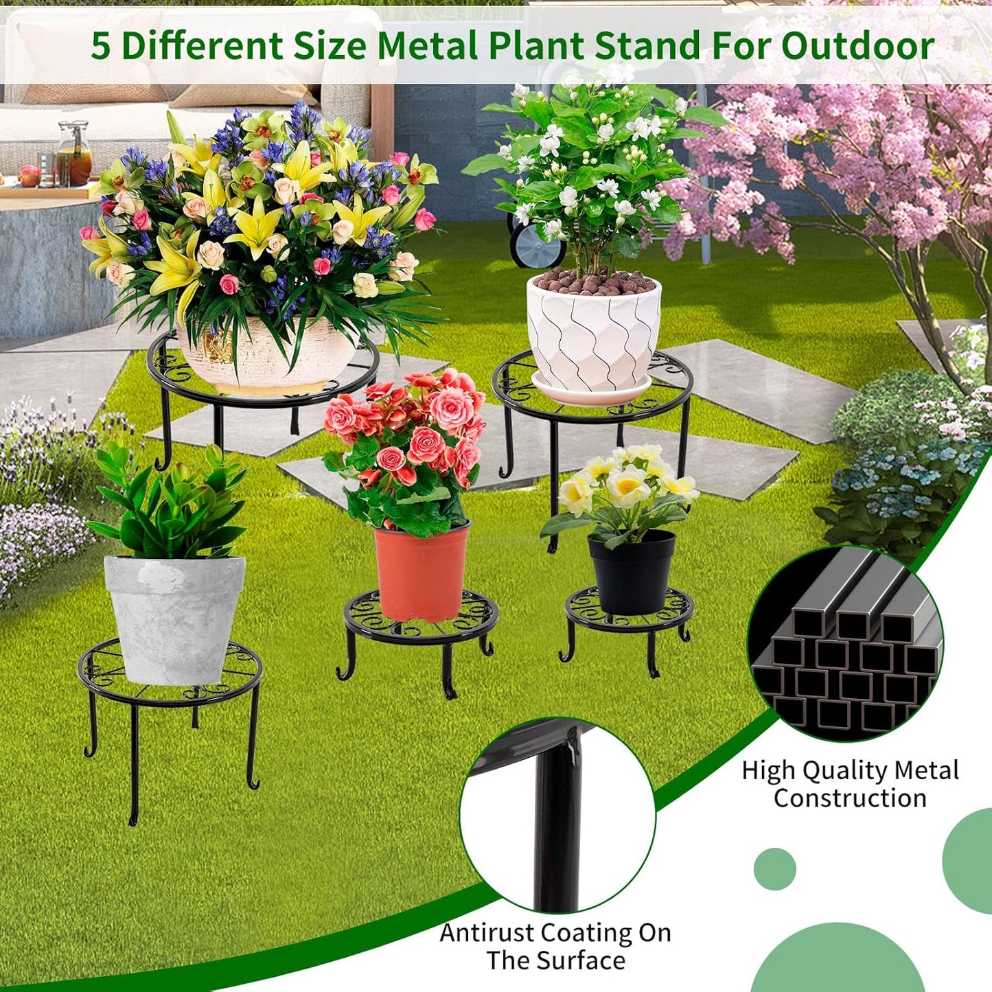 5 packs Rustproof Metal Plant Stands for Multiple Plant, Heavy Duty Plants Holder Outdoor Indoor, Round Wrought Iron Flower Planter Pot Stand, Corner Gardening Pumpkin Stand Black