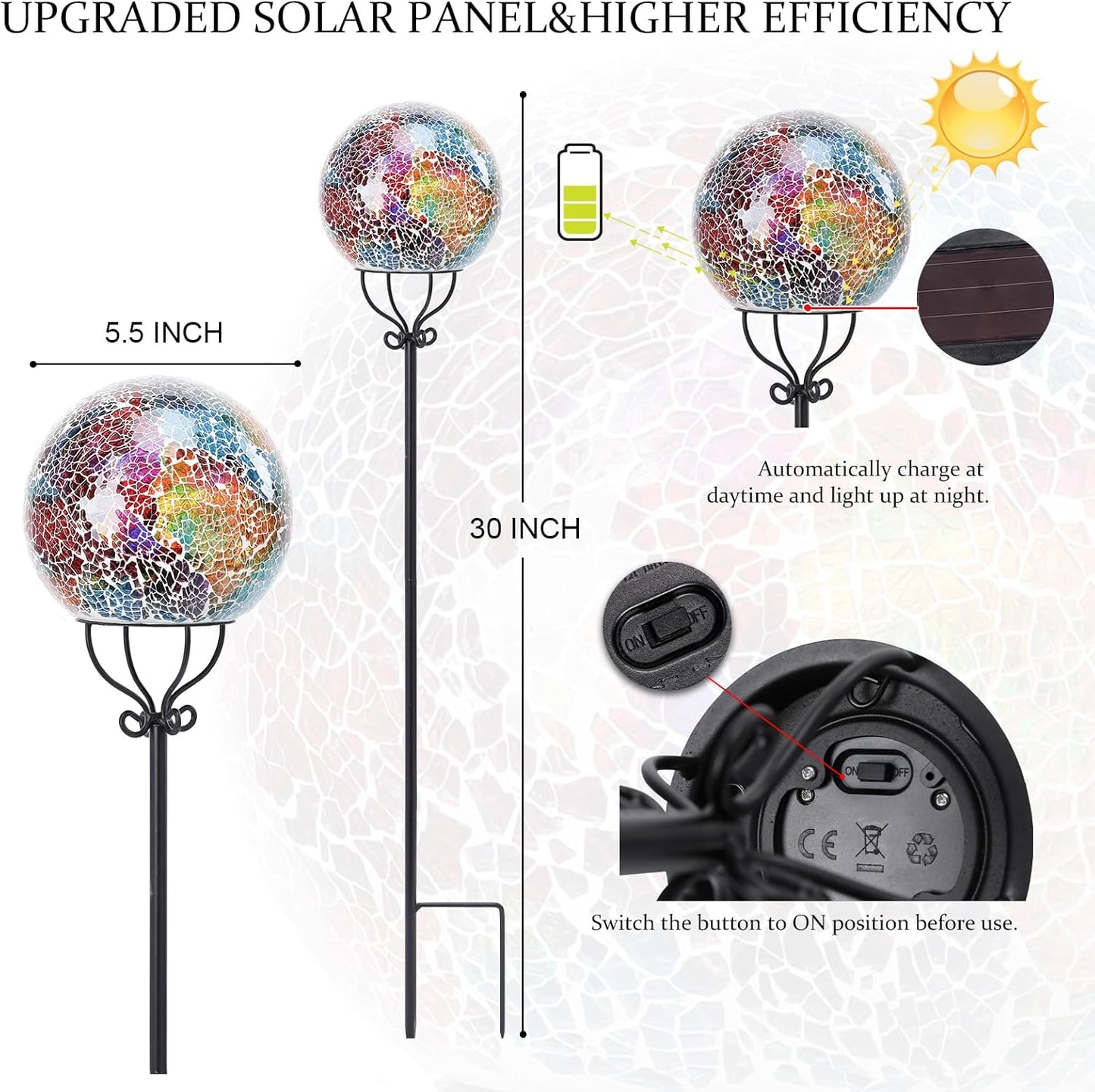 VCUTEKA Solar Outdoor Lights Garden Decor Mosaic Solar Garden Lights Waterproof Glass Ball LED Pathway Stake Light for Landscape Lawn Patio Yard Decoration 6 inch, Purple