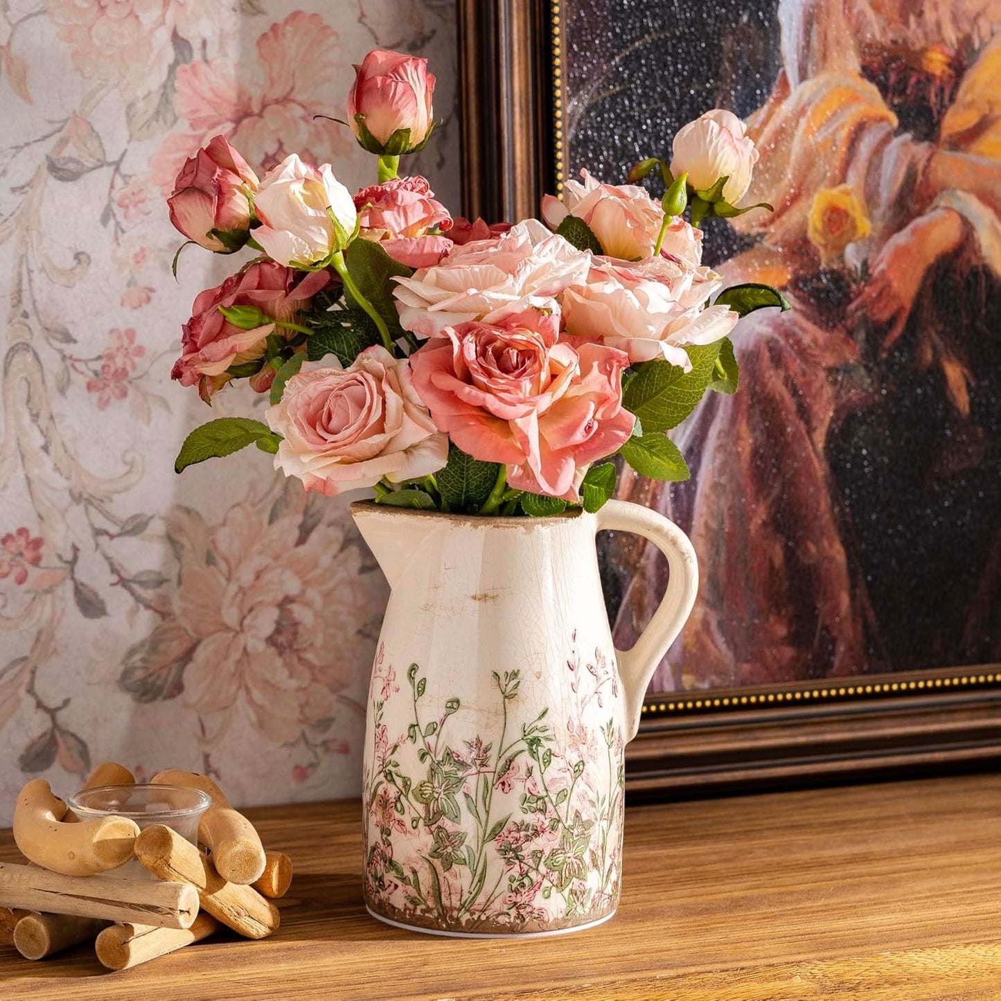 Vintage Pink and Green Floral Pitcher Vase with Handle, Ceramic Farmhouse Flower Vase French Country Decor, Rustic Table Centerpiece, Grand Millennial Tuscan Home Decor for Living Room, Bookshelf