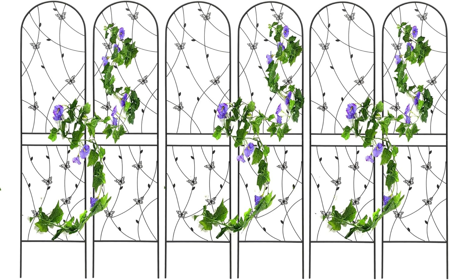 6 Pack Metal Garden Trellis for Climbing Plants, 86.7" Tall Rustproof Outdoor Trellis Panel with Butterfly Design, Decorative Black Iron Plant Support for Vine, Rose, Flower, Garden Wall