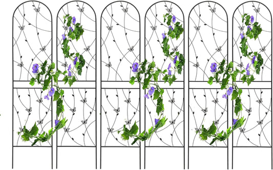 6 Pack Metal Garden Trellis for Climbing Plants, 86.7" Tall Rustproof Outdoor Trellis Panel with Butterfly Design, Decorative Black Iron Plant Support for Vine, Rose, Flower, Garden Wall