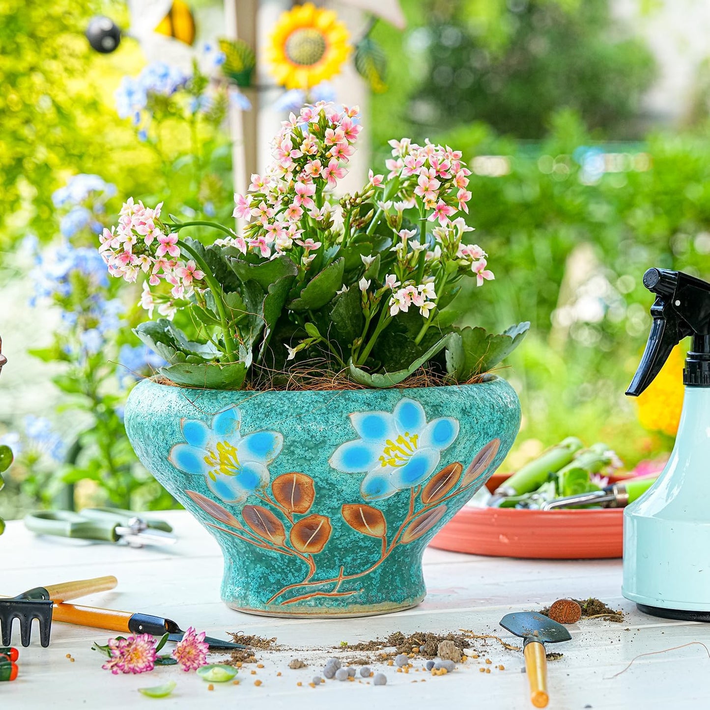 Sungmor 9.6 Inch Large Succulent Plant Pots, Pretty Hand Painted Ceramic Planter with Drainage, Indoor Outdoor Cactus Planter Bonsai Pot, Flower Pot for Indoor Plants Garden Windowsill Desktop Decor