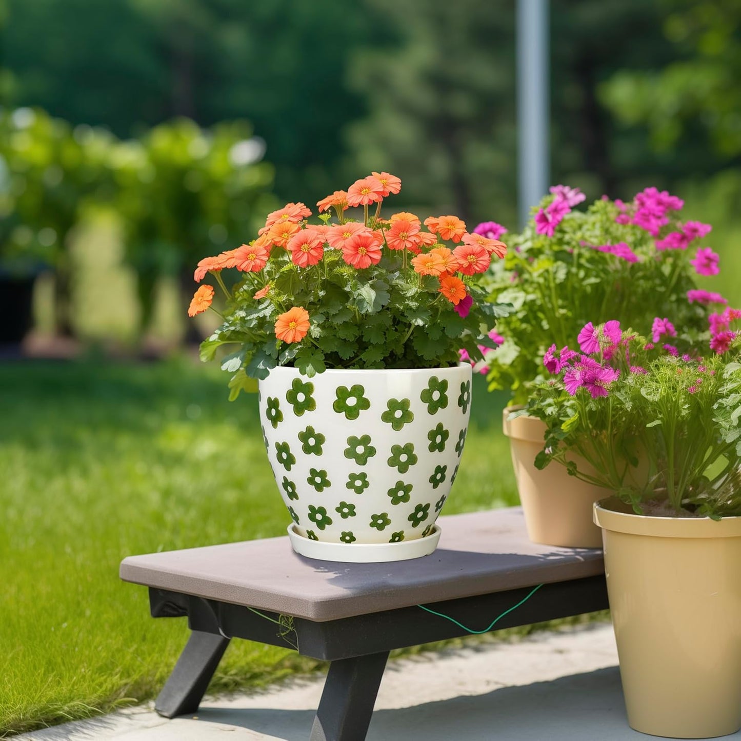 8.2 Inch Plant Pot - Ceramic Flower Pot Indoor with Drainage Hole and Saucer, Boho Round Decorative Planter for Indoor Plants, Housewarming Gifts, Office Garden Home Room Decor, White