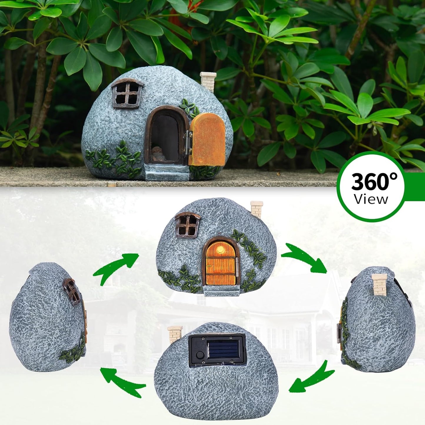 mopha Garden House Statues, Funny Gnomes Fairy Garden Lights Figurine,Mini Gnome Resin Solar Powered Outdoor Decor Patio Yard Lawn Ornament Decoration