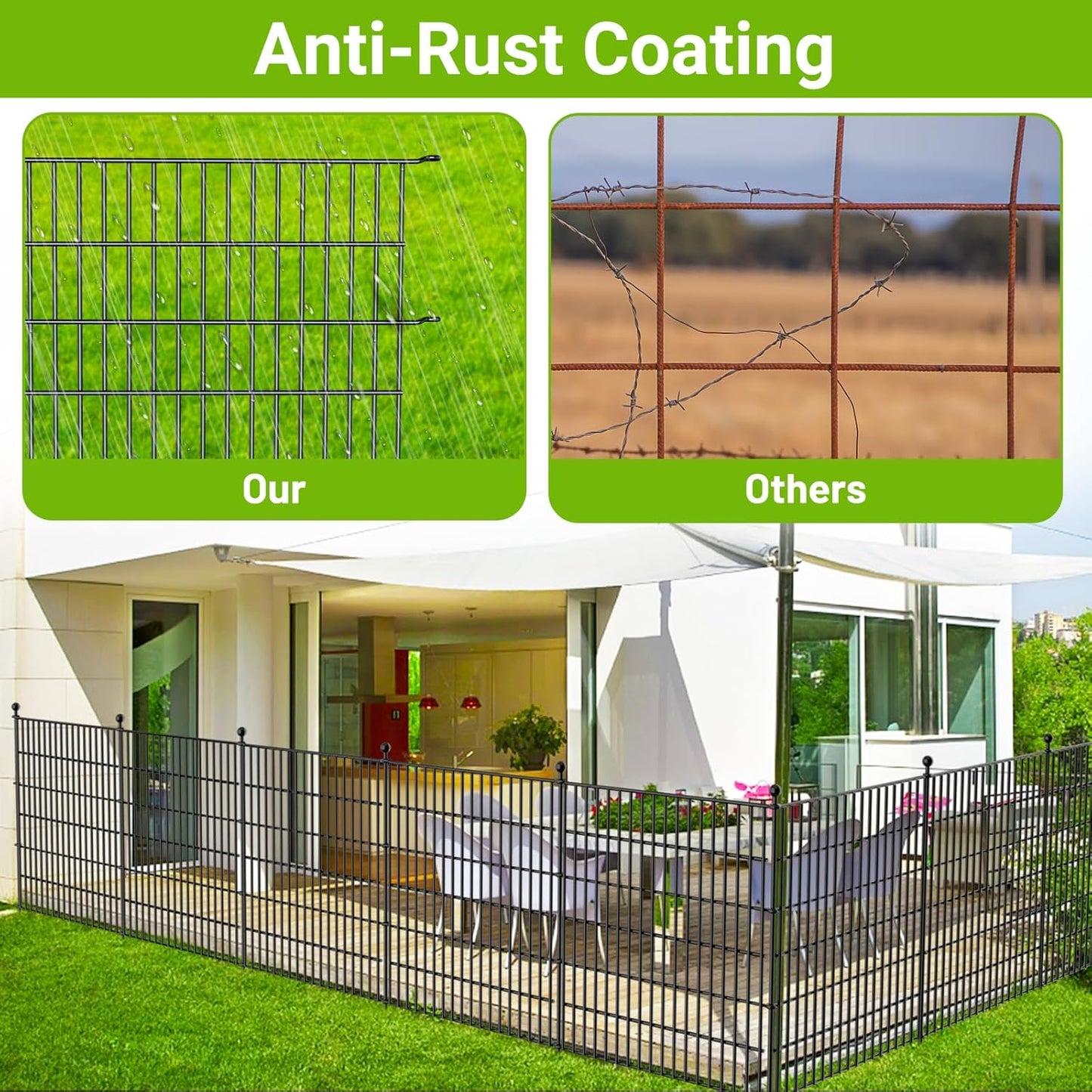 4 Panels No Dig Decorative Outdoor Garden Fence with Gate for Yard, 48 in(H) X 10.5 ft(L) Animal Barrier Fencing Rustproof Metal Wire Panel Border for Dog, Rabbits, and Patio Temporary Ground Stakes