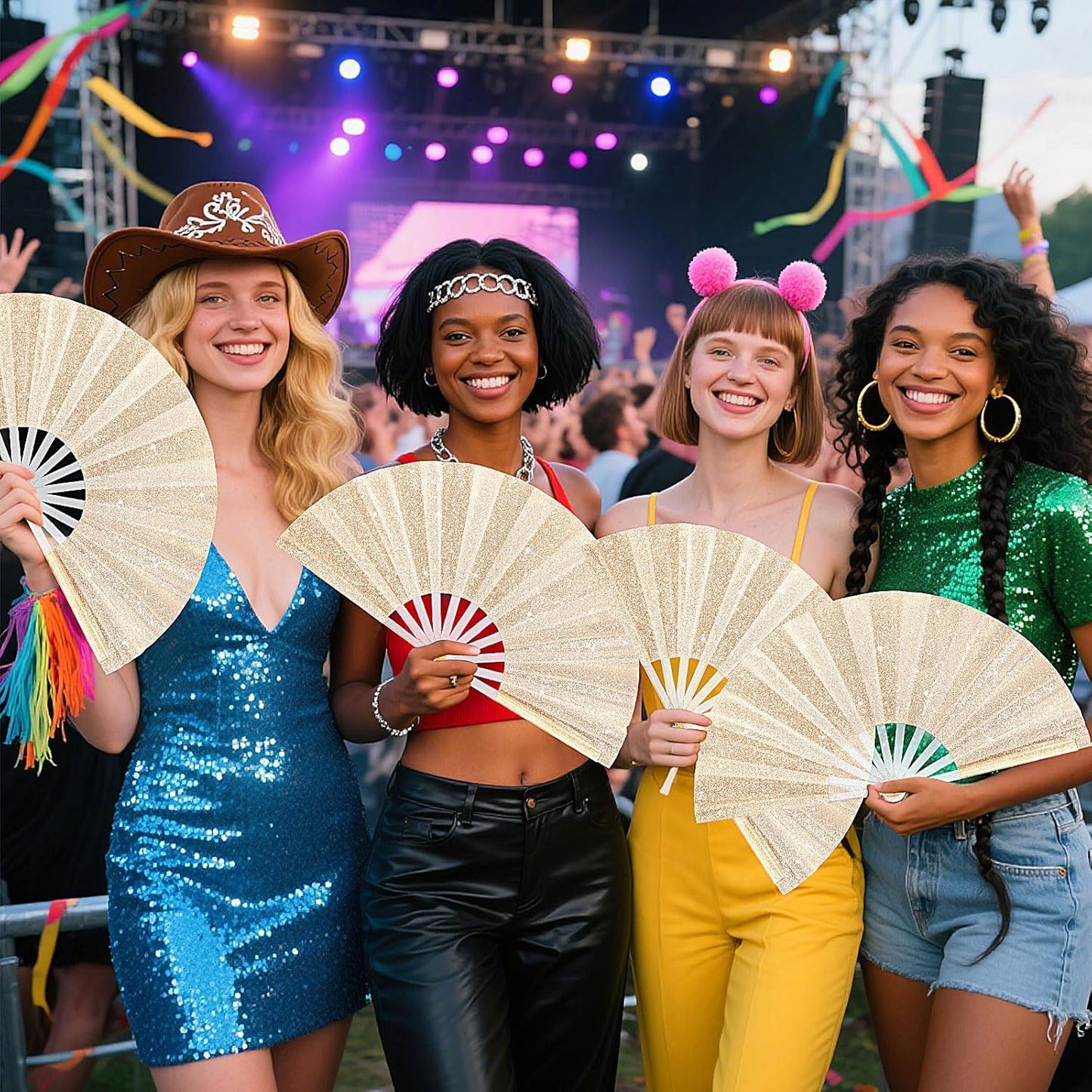 Blulu 4 Pcs 13 Inch Large Folding Hand Fans for Line Dancing Big Clapping Popping Raves Fans Bulk for Dancing Boots on The Ground Festival Party Decoration(Classic Style, Gold)
