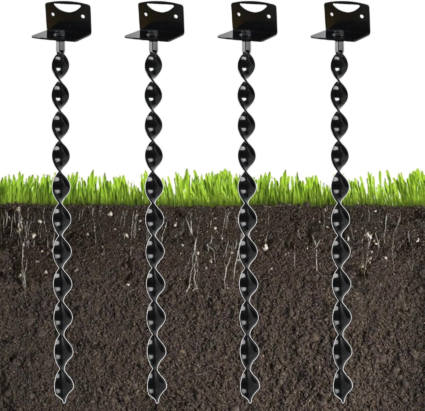 24" Heavy Duty Ground Anchors Screw in, 4 Pack Earth Anchors with Drill Adapter & Brackets, Metal Shed Anchor Kit for Storage Sheds, Mobile Home, Swing Set, Trampoline, Tent, Dog Tie-Out (No Straps)