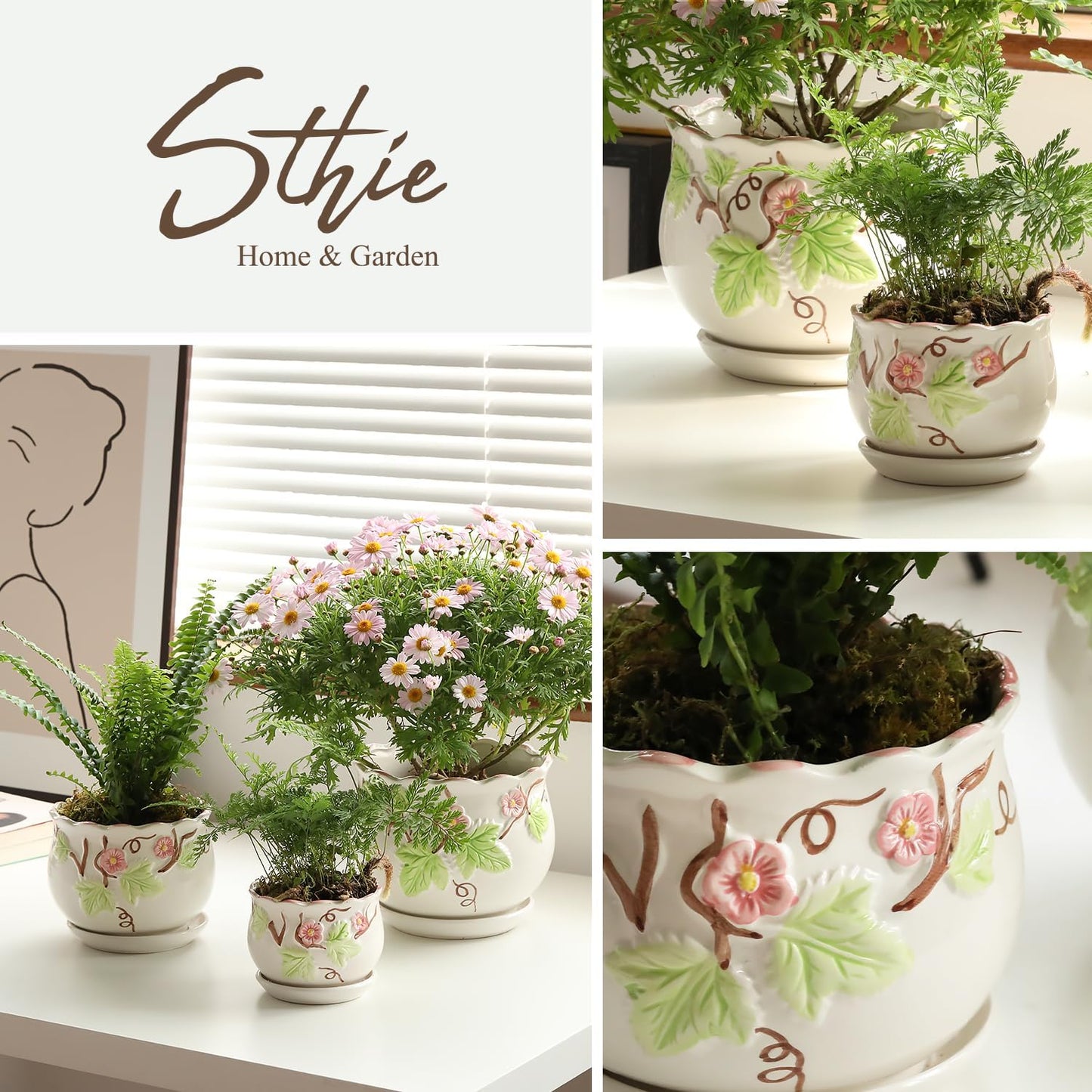 Ceramic Plant Pots with Drainage Holes and Saucers, Round Flower Pots for Indoor Plant, 3.9/5.2/6.7 Inches Small Flower Planters Set of 3