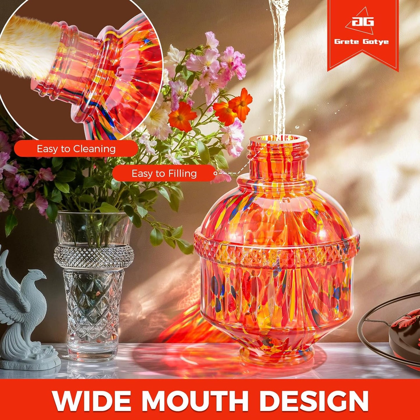 Blown Glass Hummingbird Feeders for Outdoors, 25 Ounces Wild Bird Nectar Feeder with Perch & 5 Flower Feeding Ports Leak Proof Hanging for Garden Backyard Decor, Gifts for Women Mom, Sunrise Red