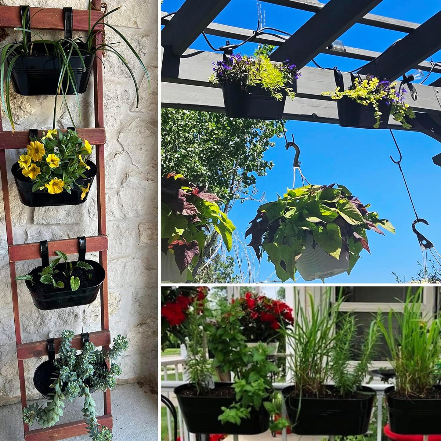 6 Pack Metal Railing Planter for Outdoor Plants, BlackIron Railing Planters, Metal Window Hanging Flower Pots for Balcony, Fence, and Patio Railings, Garden Decor with Drainage Holes