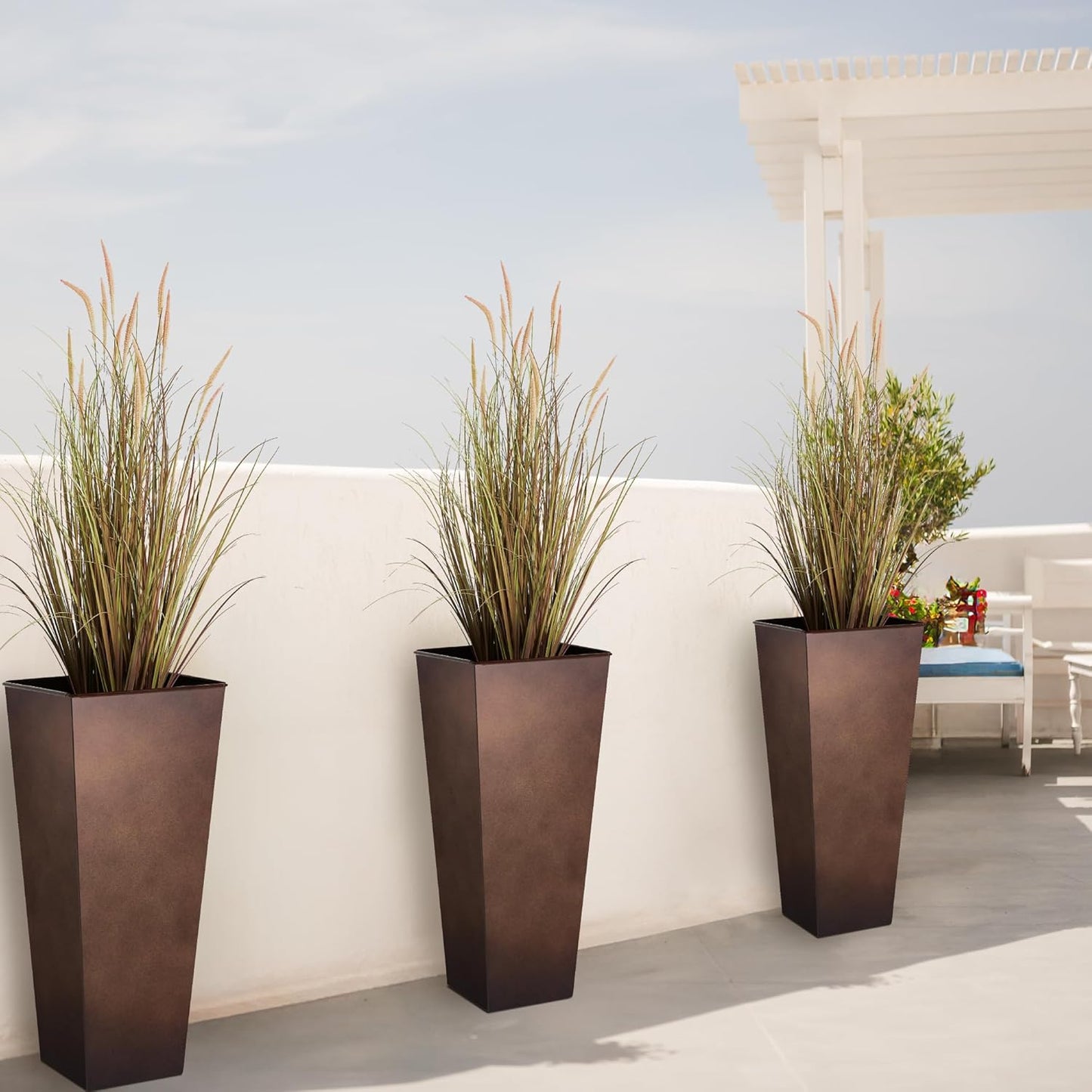 KOL 28''H. Tall Metal Planter with Insert, Set of 2, Galvanized Steel Planter Pots for Indoor & Outdoor Use, Decorative Flower Plant Pots for Front Porch, Patio, Deck - Rust Color