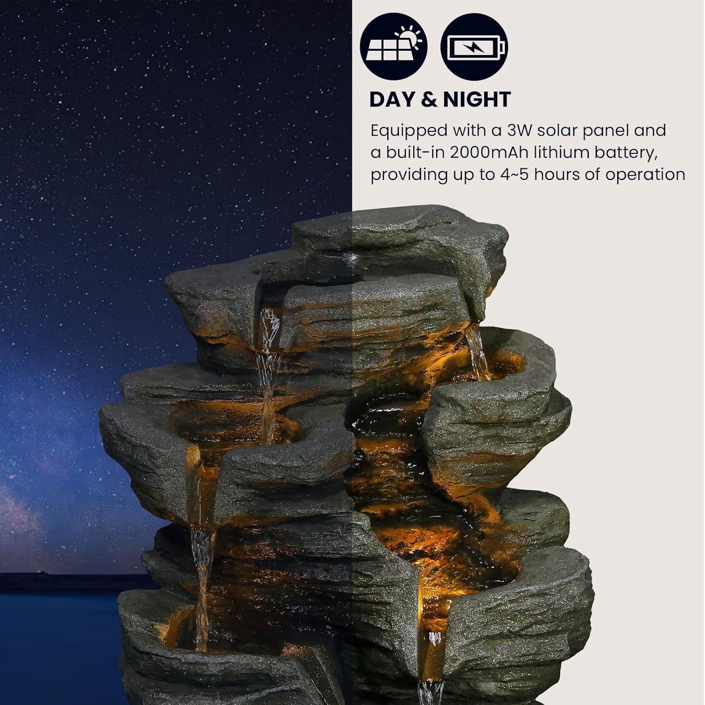 6-Tier Solar Water Fountain Outdoor, 24.4" H Cascading Rock Feature Garden Fountains and Waterfalls with Light, Pump, Solar Panel for The Patio, Deck, Porch, Backyard Home Décor, Stone Gray