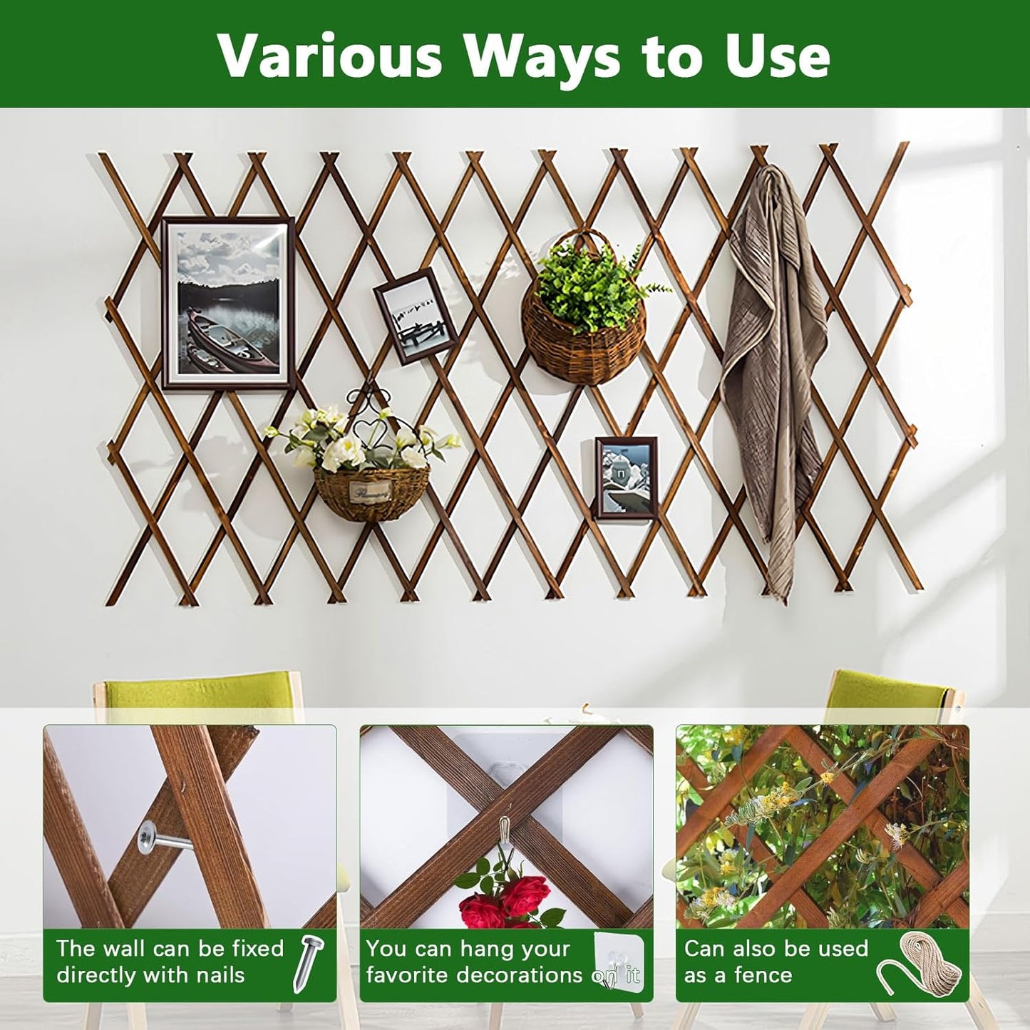 2 PCS Expandable Garden Trellis, 37" x 90" Trellis for Climbing Plants Outdoor, Wooden Lattice Fence Wall Panel Lattice Panels for Outside, for Climbing Plants Vine Ivy Rose Cucumbers Clematis