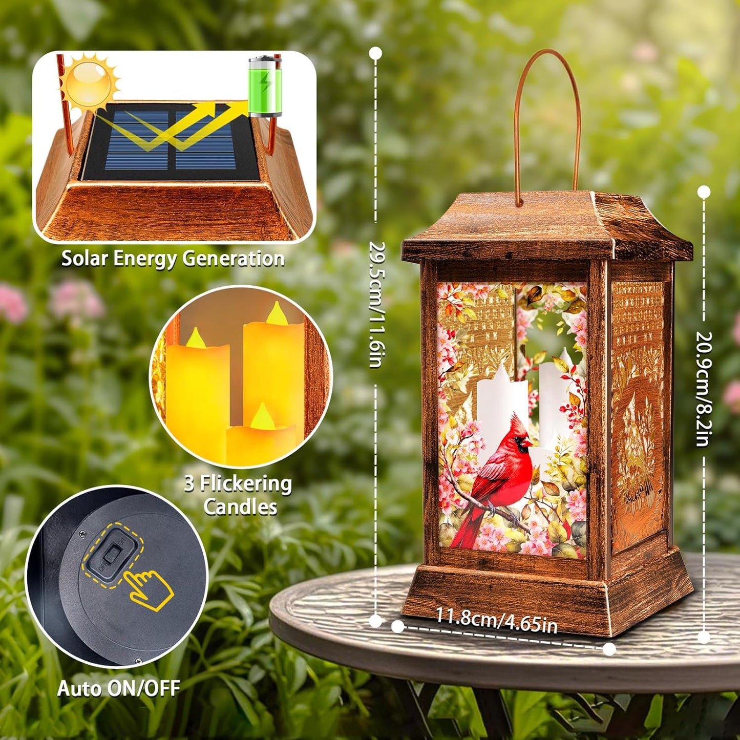 Cardinal Solar Lanterns Outdoor Waterproof, Metal & Glass Hanging Lights Garden Decor, Birthday Gifts for Women Mom Grandma Mothers Day, Decorative Lights for Outside Yard Patio Backyard Porch
