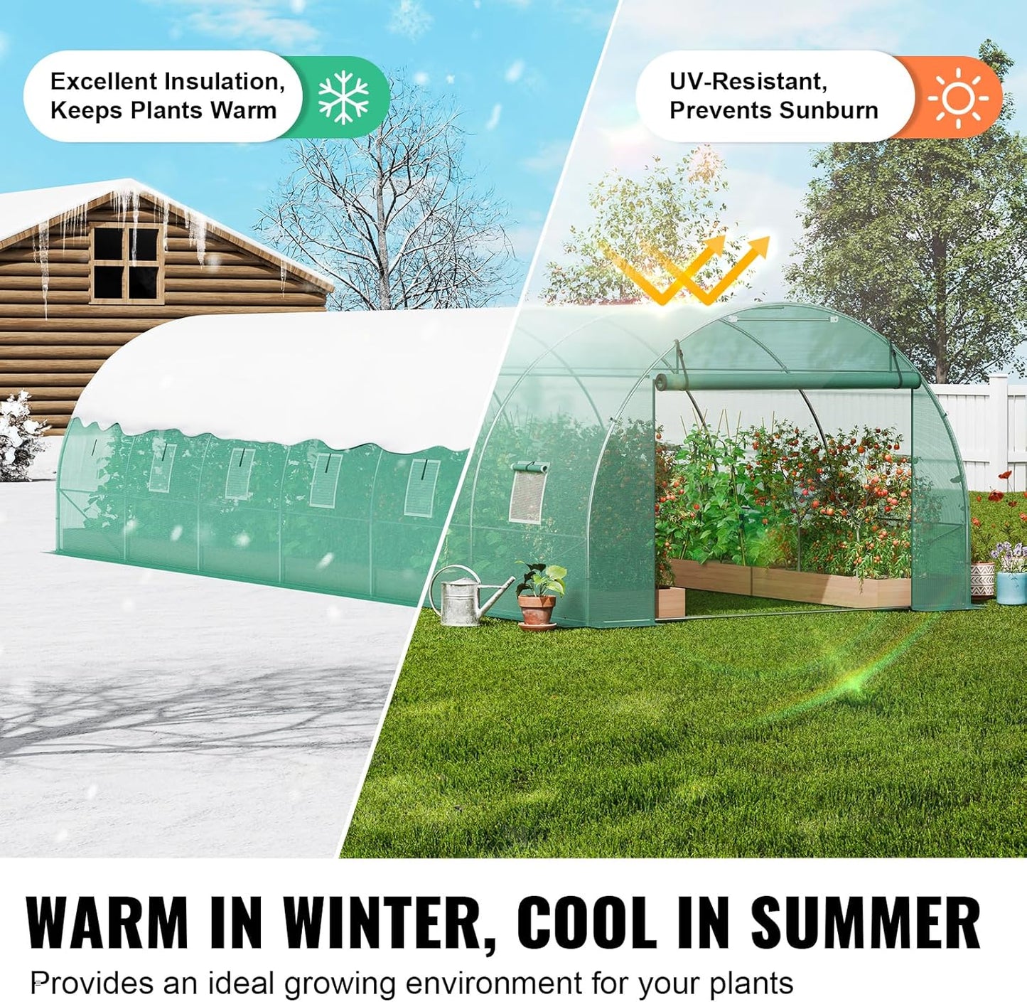 VEVOR Walk-in Tunnel Greenhouse, 29.2x9.7x6.5 ft Hoop House Greenhouse Tunnel, Plant Hot House with Galvanized Steel Frame, Green PE Cover, Roll-up Zipper Door and 12 Windows for Outdoor