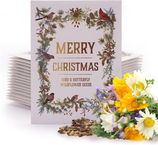 Bentley Seeds Co. Merry Christmas Wreath of Birds Holiday/Christmas Gift Tags | Non-GMO, Non Coated Bird & Butterfly Pollinator Wildflower Seed Mix | 25 Seed Packets