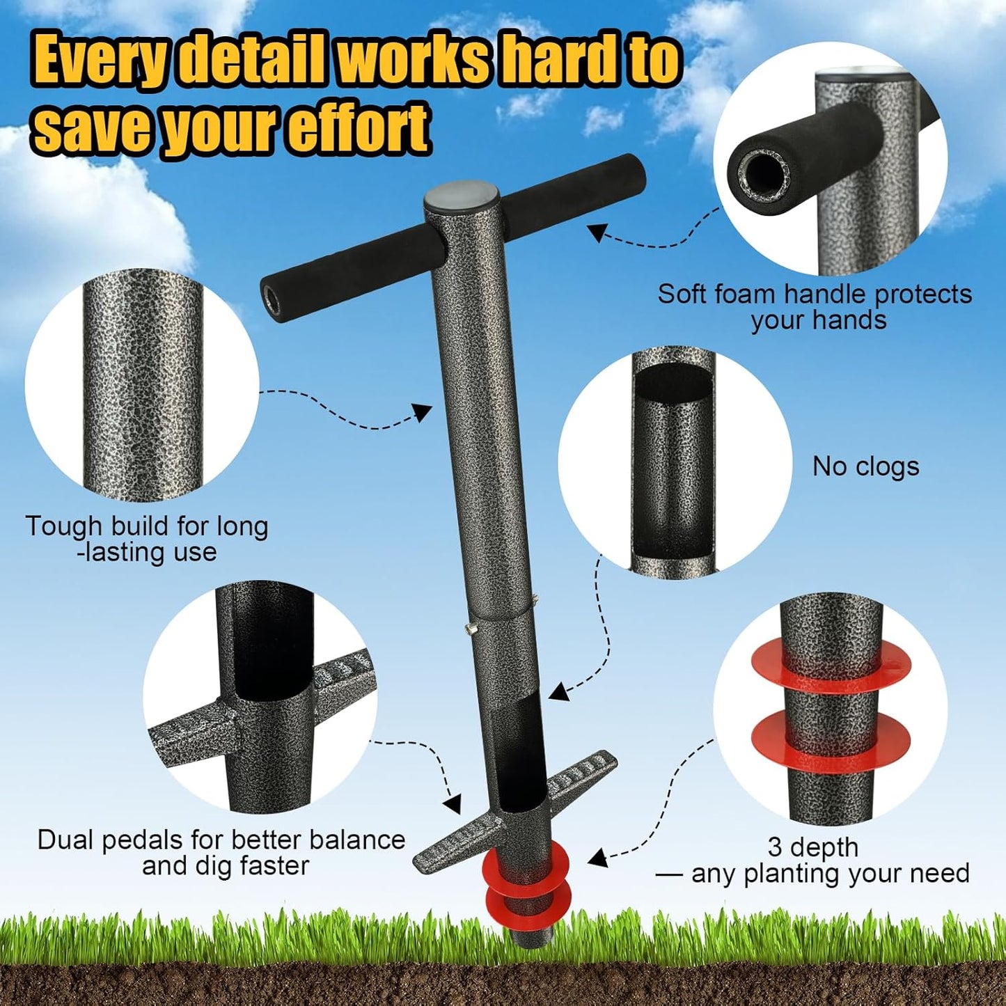 Bulb Planter Tool - 34" Long Handle Sod Plugger Lawn Digger,Auto Plug Eject,Heavy Duty Yard Garden Plant Hole Pluggers for Grass,Tulip Flower ,Soil Transplant Plugging,Turf Repair Transplanting
