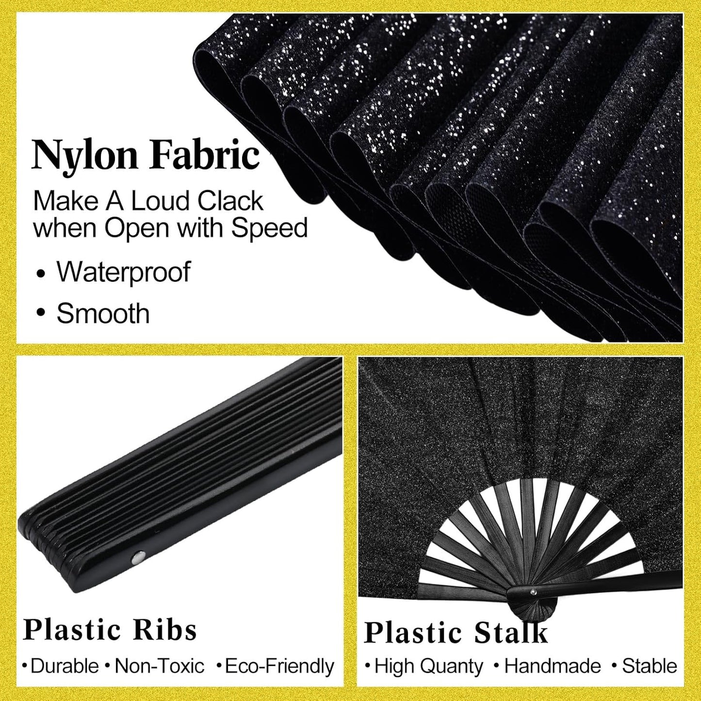 Maitys 2 Packs Large Clap Fans for Line Dancing Large Chinese Folding Hand Fans for Men and Women, Festival, Tai Ji, Kungfu, Martial Art, Gifts (Glitter Black and Gold)